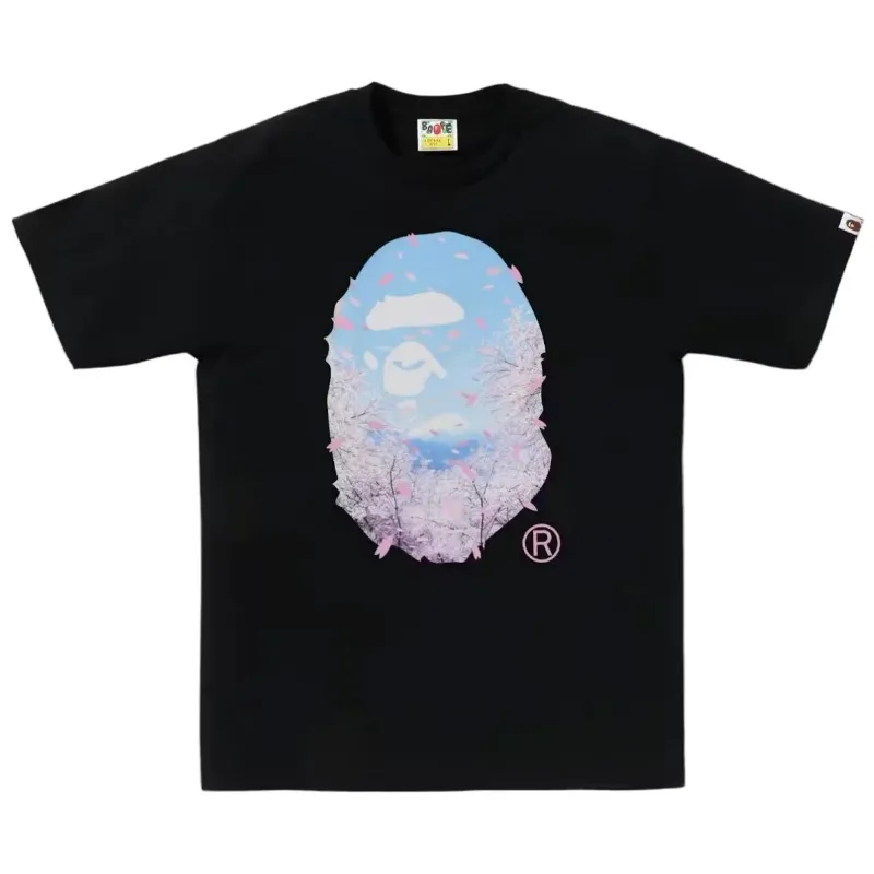 AfewVibe BAPE Sakura Photo Ape Head Tee SS26 Black, photographic landscape scene within Ape Head on black tee