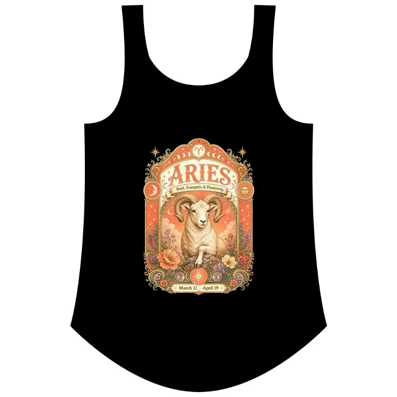 Spirit Nest Aries Zodiac Women's Festival Tank Top with vintage ram astrology design on white fabric