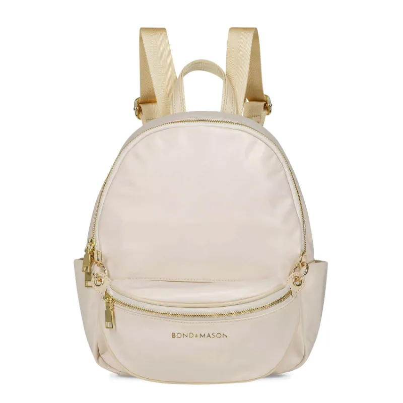 Bond & Mason The Evelyn Backpack (Beige) showing a beige nylon and vegan leather backpack