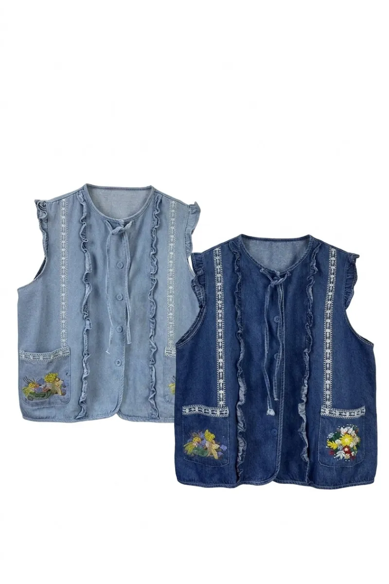 Cottagecore Clothes Cottagecore Ruffle Vest in soft washed denim with floral embroidered pockets and ruffle trim
