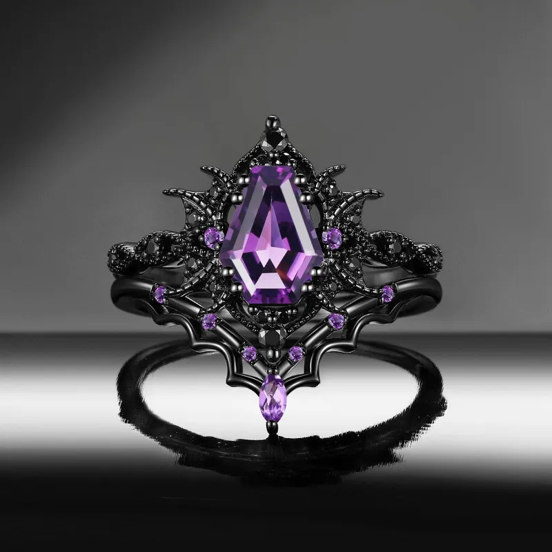Starlandus Bat Romance Gothic Coffin Cut Amethyst Ring Set with Bat Wing Milgrain in Black Gold