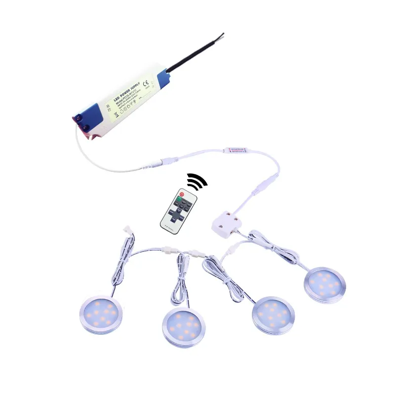 AIBOO Linkable LED Under Cabinet Lights 4 pack hardwired 12V slim dimmable puck lights with RF remote