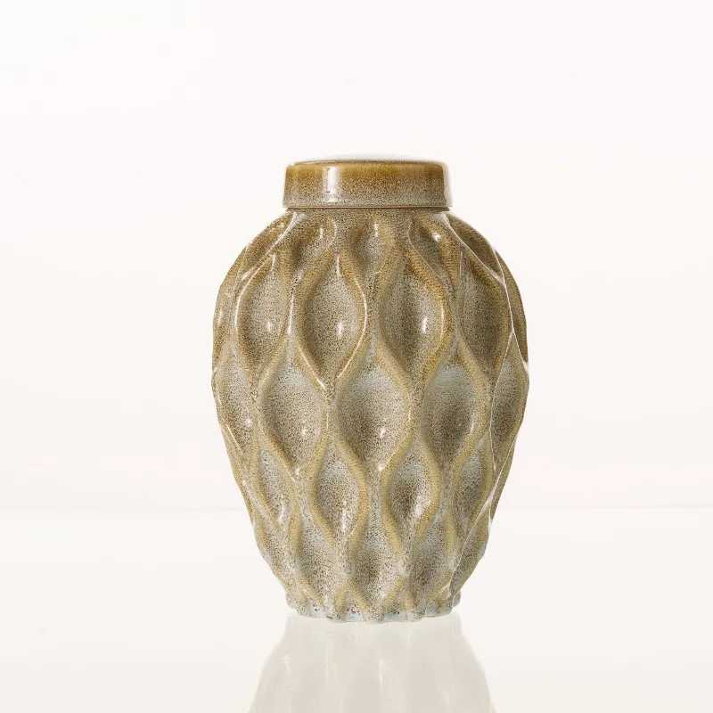 Pulvis Art Urns Cremation Urn Echo 3D Printed Ceramic Urn in Light Sand Melange, large size with complex flowing pattern