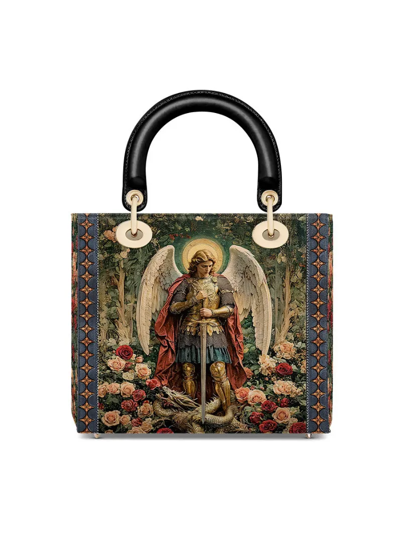 Catholight Archangel's Triumph Lady Leather Bag with Saint Michael artwork and floral border