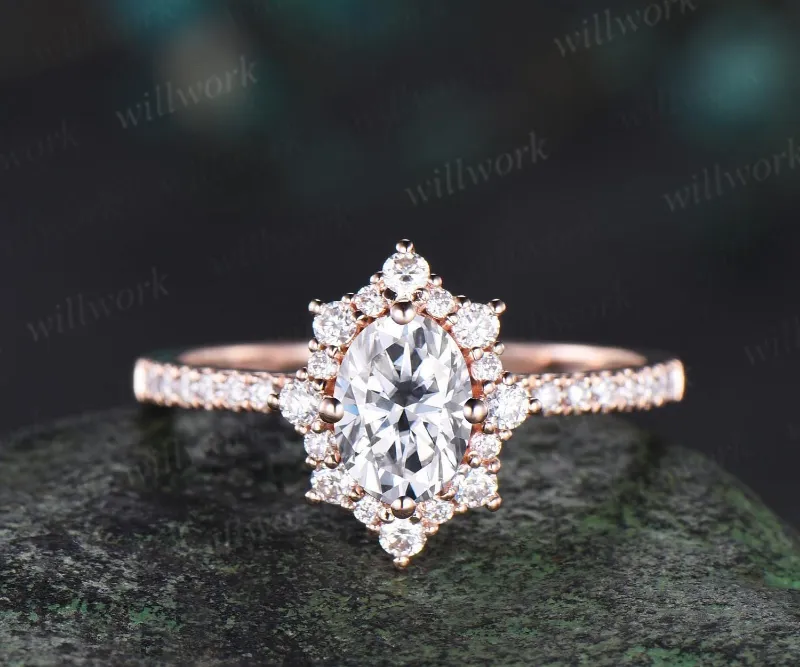 WillWork Jewelry 1ct oval cut moissanite ring vintage snowdrift halo engagement ring women rose gold half eternity diamond promise ring, ova