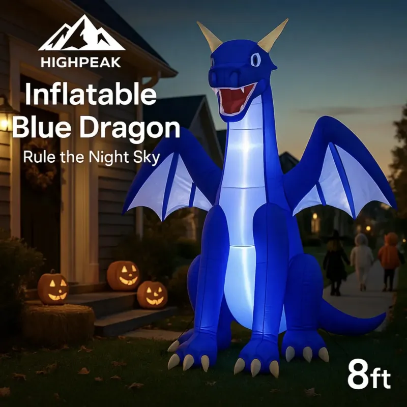 HighPeak 8ft Inflatable Halloween Blue Dragon, a glowing blue dragon with spread wings on a lawn