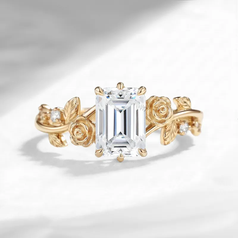 Starlandus A Rose Is A Rose Is A Rose nature inspired emerald cut moissanite romantic rose flower engagement ring