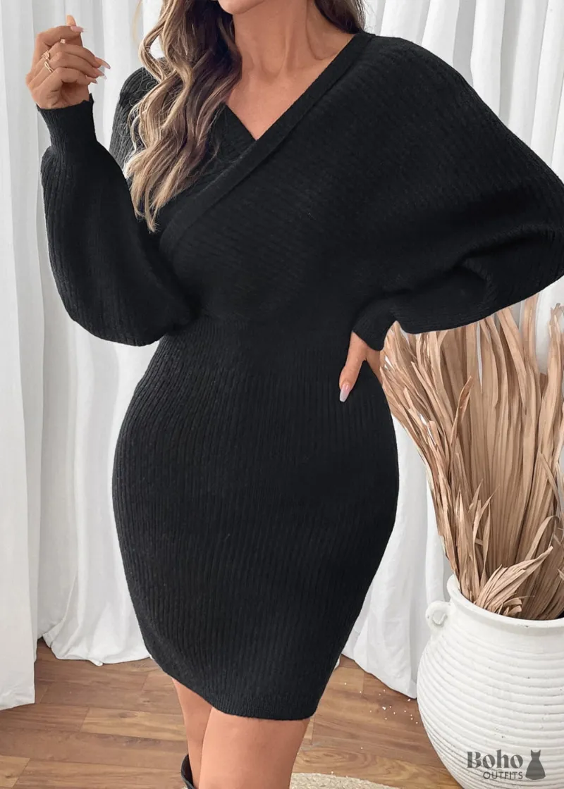 Boho Dress Batwing Sleeve Solid Color Knitted Sweater Dress shown in black