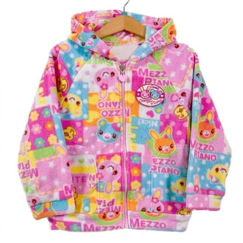 Shoptery Decora Mezzo Piano Kawaii Animal Print Fleece Zip-Up Hoodie showing the cartoon print and hood