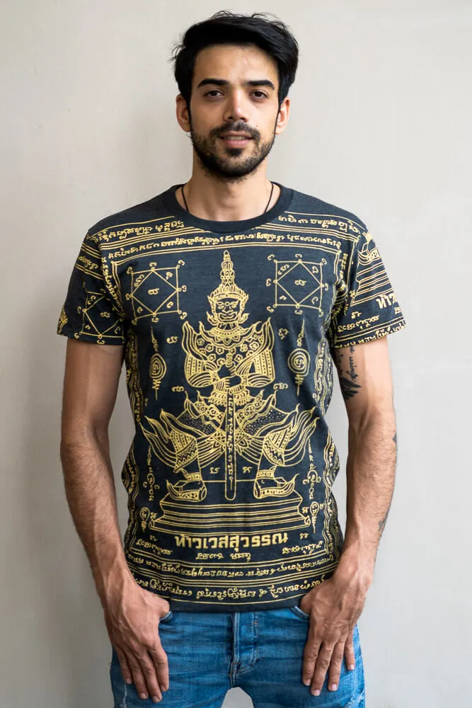 Hippie Pants Black Guardian T-shirt, cotton men's tee with traditional tattoo print in gold and black