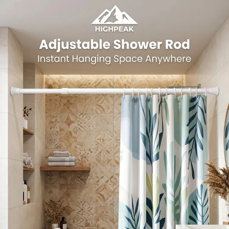 HighPeak Adjustable Shower Rod with spring-loaded telescopic design installed in a bathroom