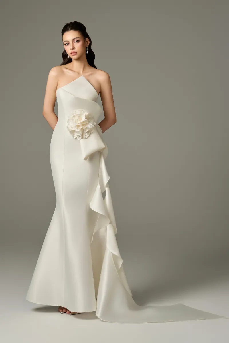 Kalisa Isabella Acetate Bandeau Fishtail Gown With 3D Large Flower