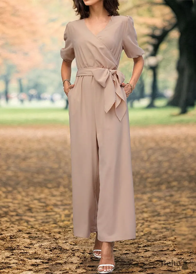 Boho Dress 2024 Apricot V-neck Wide-leg Jumpsuit shown in apricot with wide legs and tie waist