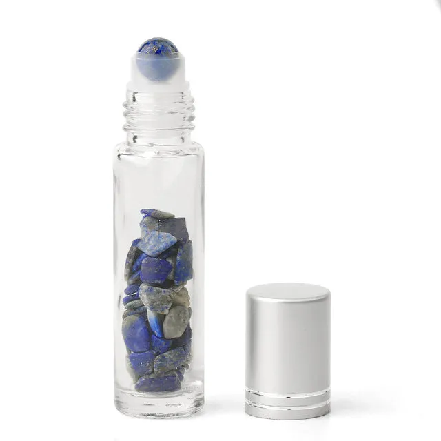 Turix Lapis Lazuli Roller Bottle for Essential Oils with blue crystal chips inside clear glass