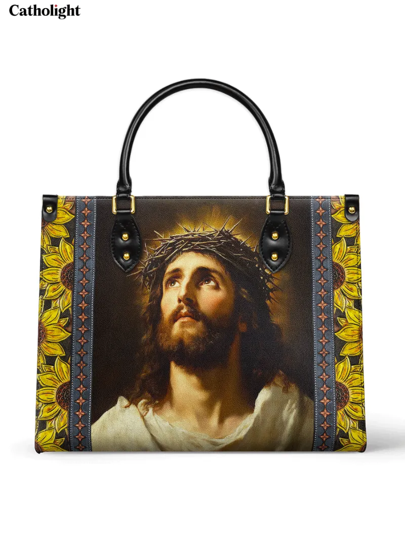 Catholight Crown of Thorns and Sunflower Grace Leather Bag with Christ portrait