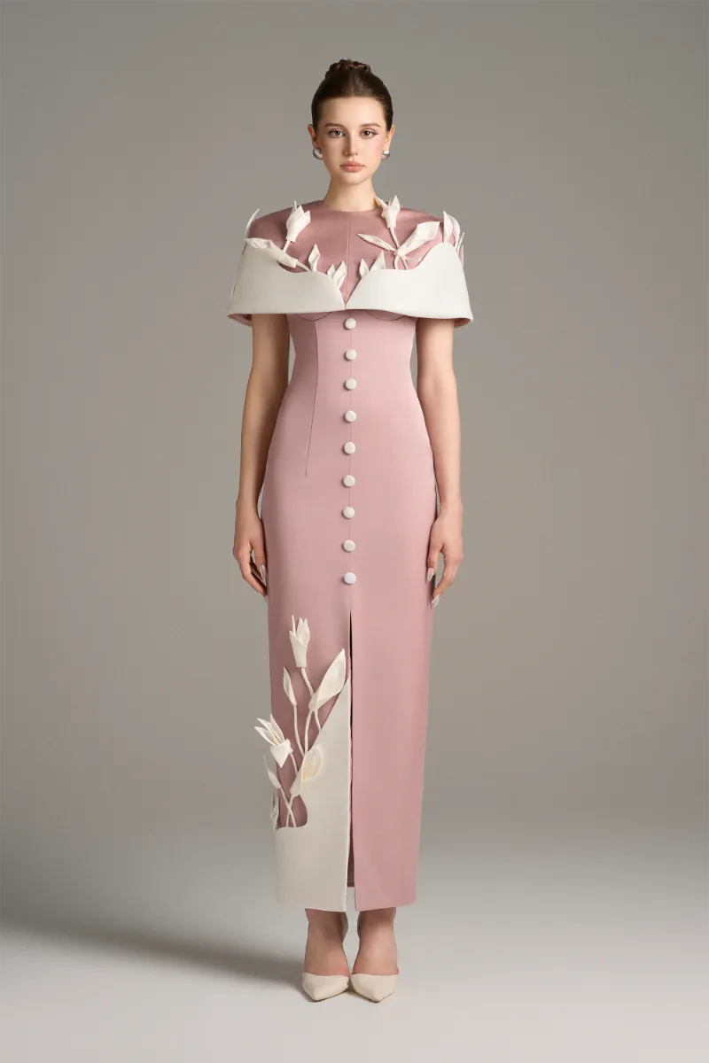 Kalisa Contrast Dual Style 3D White Floral Maxi Dress with dimensional floral details