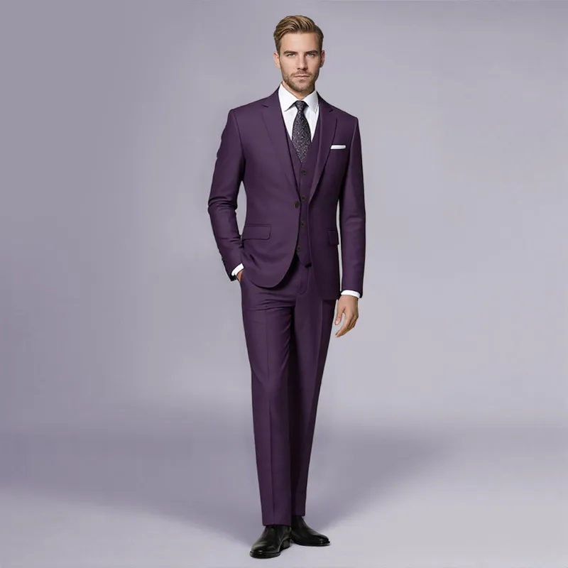 Cloudstyle 1829 Series purple 3-piece slim fit formal suit with blazer, pants, and vest