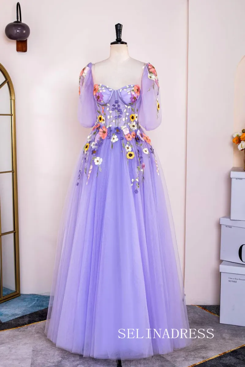 Selinadress A-line Lavender Floral Long Prom Dress with detachable puff sleeves and corset bodice