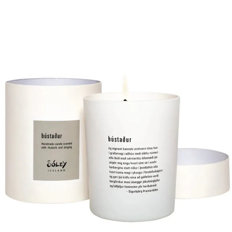 Nammi Bústaður candle from Soley in glass jar with Icelandic poem