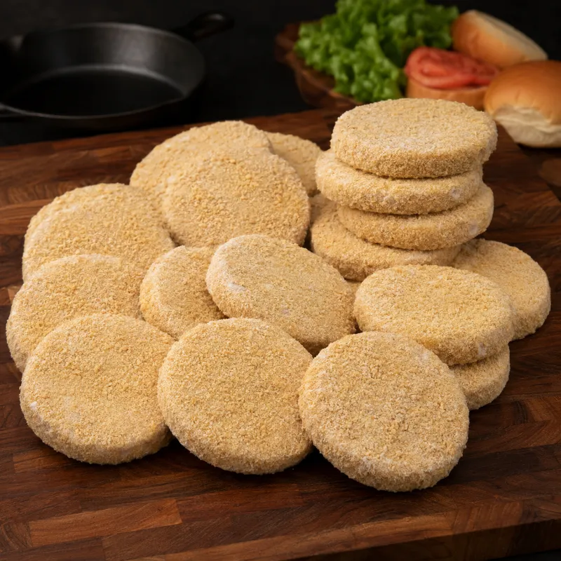 Halal World Depot Halal Breaded Chicken Patties, golden-fried breaded chicken