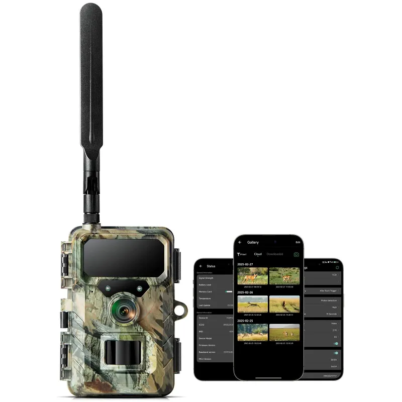 Voopeak TC31 cellular trail camera mounted outdoors showing display screen