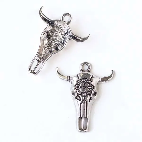 Cherry Tree Beads Silver 26x32mm Cow Skull Pendant with a Flower, ten per bag