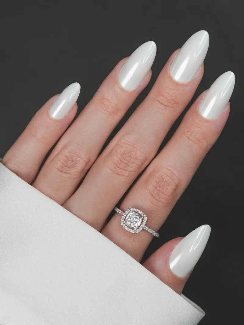 Roxy Nails Paris Forever yours press on nails in long almond shape with iridescent white chrome