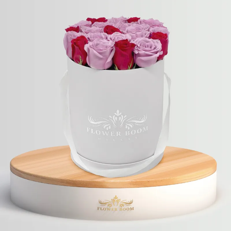 Flower Boom Dallas Classic Lavender And Red Roses In A Box with purple and pink roses