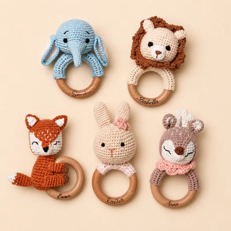 MamaRaya Personalized Crochet Baby Rattle with wooden ring and custom name detail