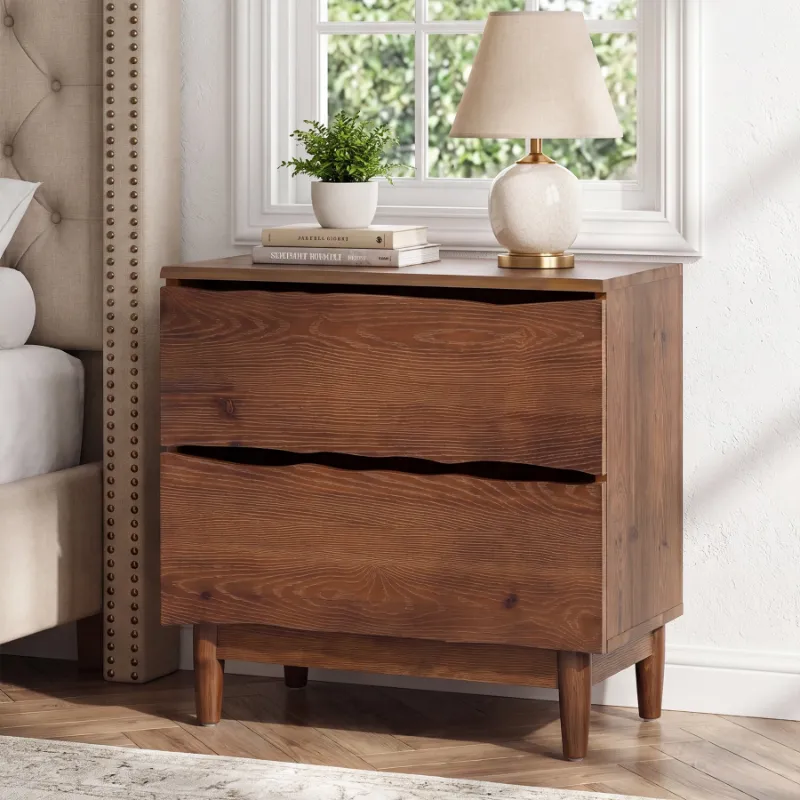 Tribesigns mid-century solid wood nightstand with two drawers and tapered legs