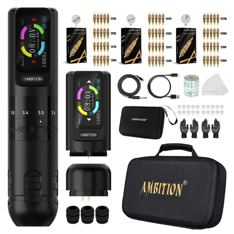 Ambition Tattoo Seher Wireless Tattoo Machine Kit featuring adjustable stroke pen, LED touch screen, battery and complete accessories