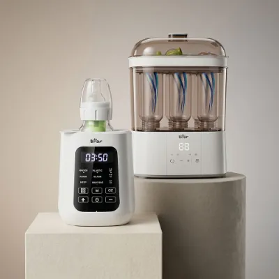 Bearforbaby Bear Baby Bottle Warmer and Bear 2 Layers Bottle Sterilizer and Dryer Bundle, both units displayed