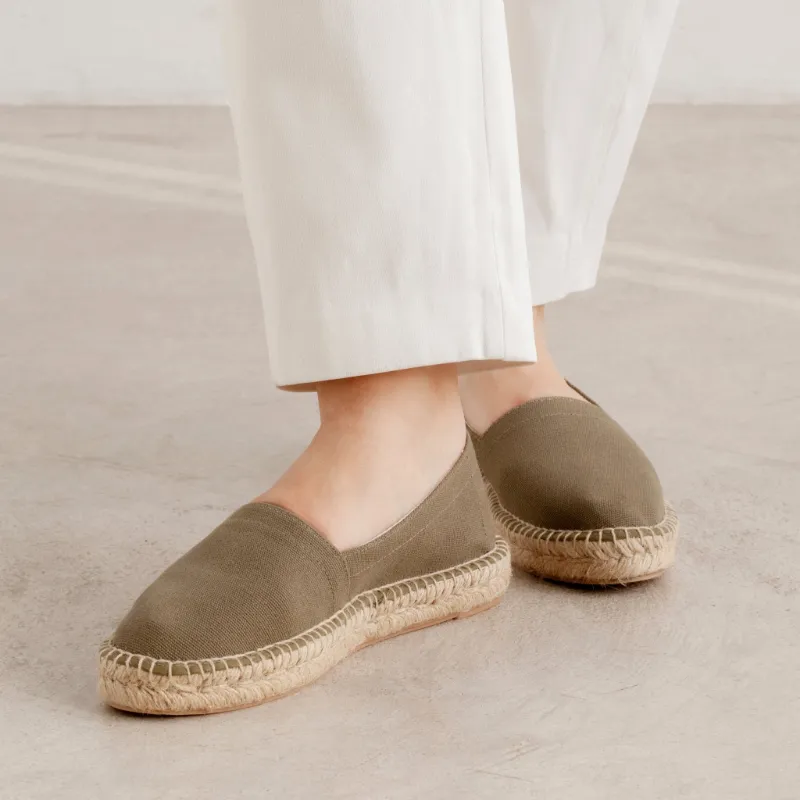 BIANKINA Mila Sustainable Vegan Canvas Espadrille Flats in Olive, showing organic cotton espadrille