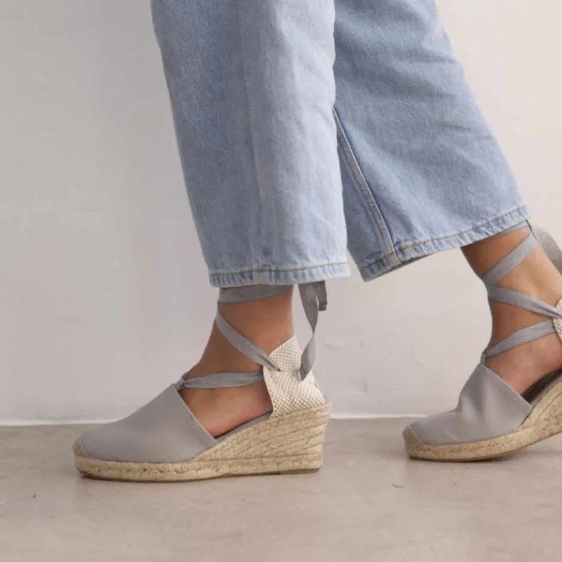 BIANKINA Almanera Sustainable Eco Friendly Vegan Canvas Espadrille Wedges in grey with rope jute sole