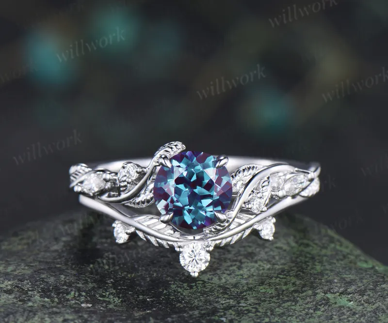 WillWork Jewelry 1ct round cut alexandrite engagement ring set twig leaf moissanite accent ring nature inspired bridal set
