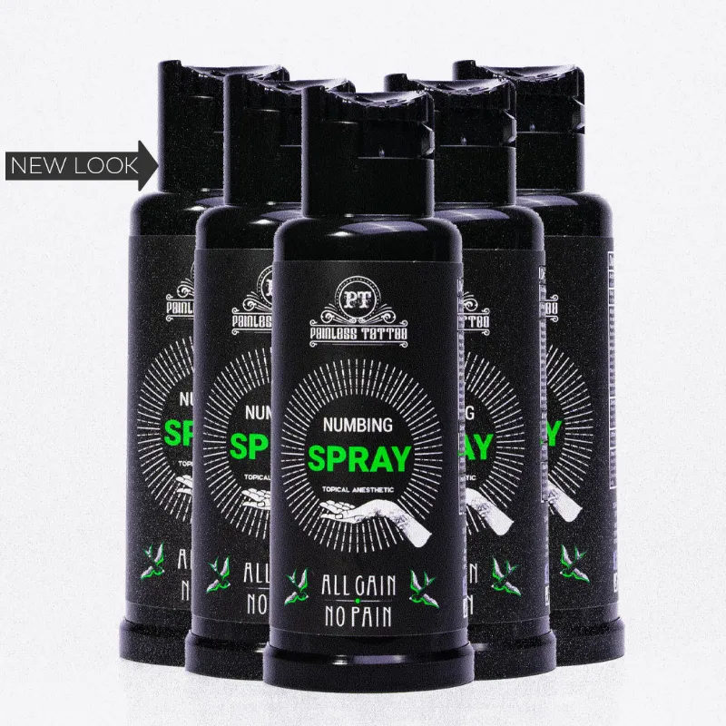 Painless Tattoo Spray 5 Pack with five bottles lined up
