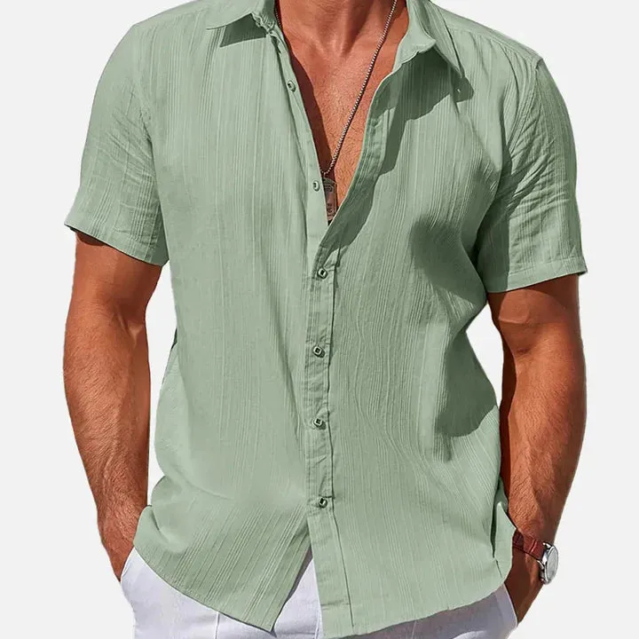 Falour Men's Striped Textured Cotton Short Sleeve Casual Shirt with subtle ribbed stripe pattern