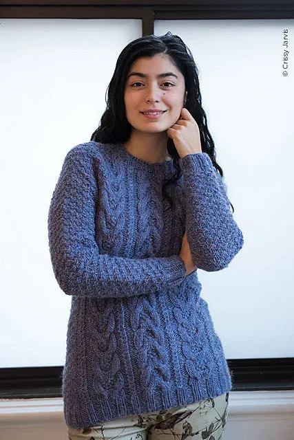 Kristen TenDyke Caulkins pullover sweater showing cable pattern detail on body