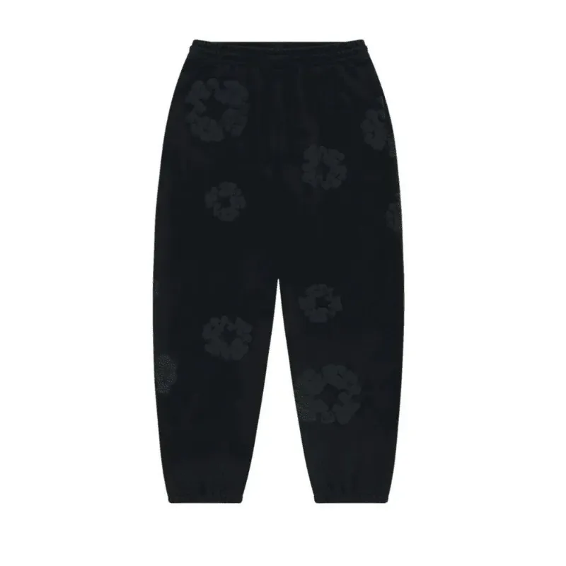 AfewVibe Denim Tears Cotton Wreath Sweatpants Black Monochrome, black sweatpants with tonal wreath print
