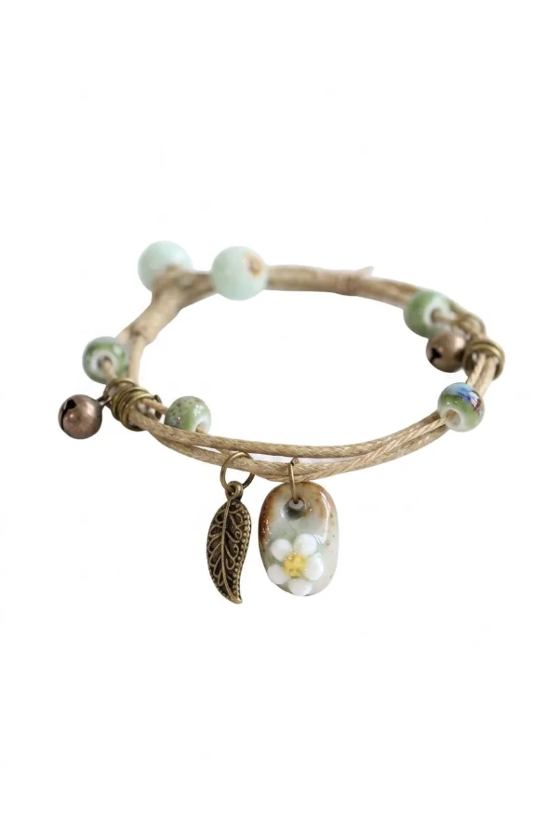 Cottagecore Clothes Cottagecore Leaf Charm Bracelet with braided cord and ceramic floral charm