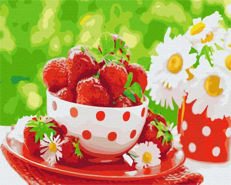 Maikoo Art A bowl of strawberries paint by numbers kit showing fresh red strawberries in a bowl