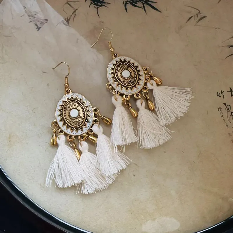 EYESFAV Bohemian Waterdrop Feather Tassel Dangle Earrings with beaded tassels