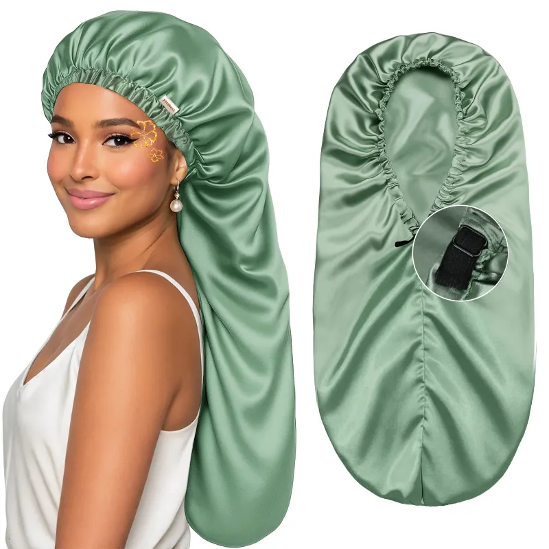 Yanibest Silk Butter Satin Bonnet For Braids in Jade Green shown flat
