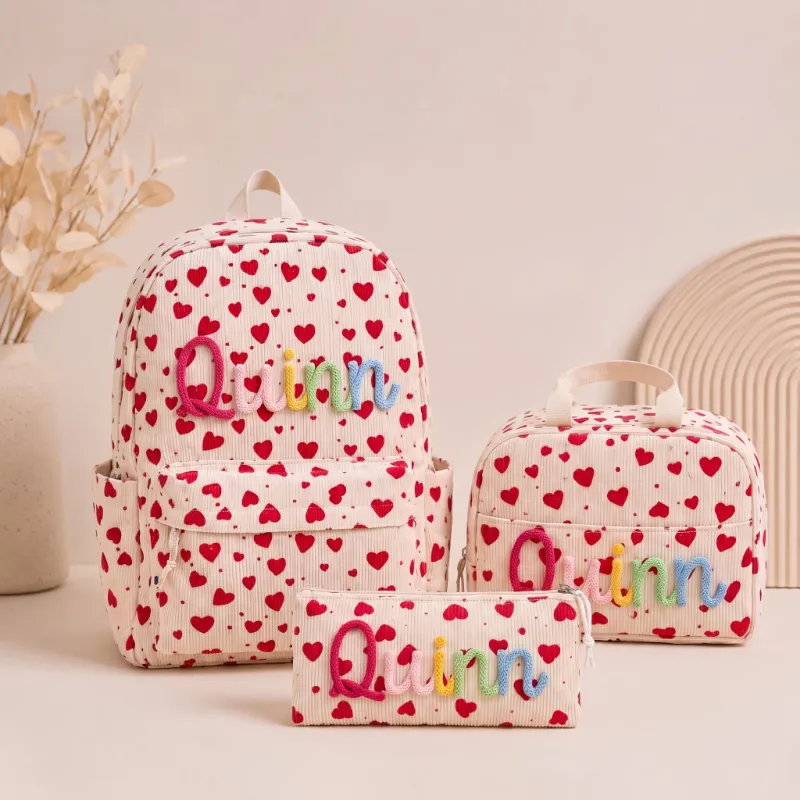MamaRaya Personalized 3-Piece Kids Backpack Set with lunch bag and pencil case showing name detail