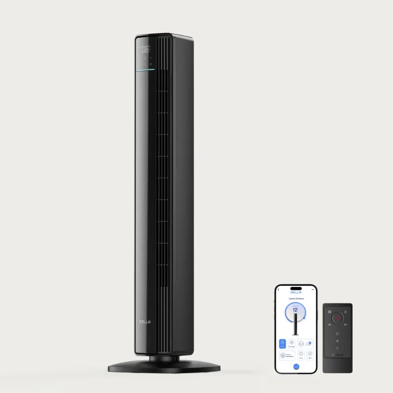 Della Home 42 inch Ultra Quiet Smart Tower Fan with remote control on white background