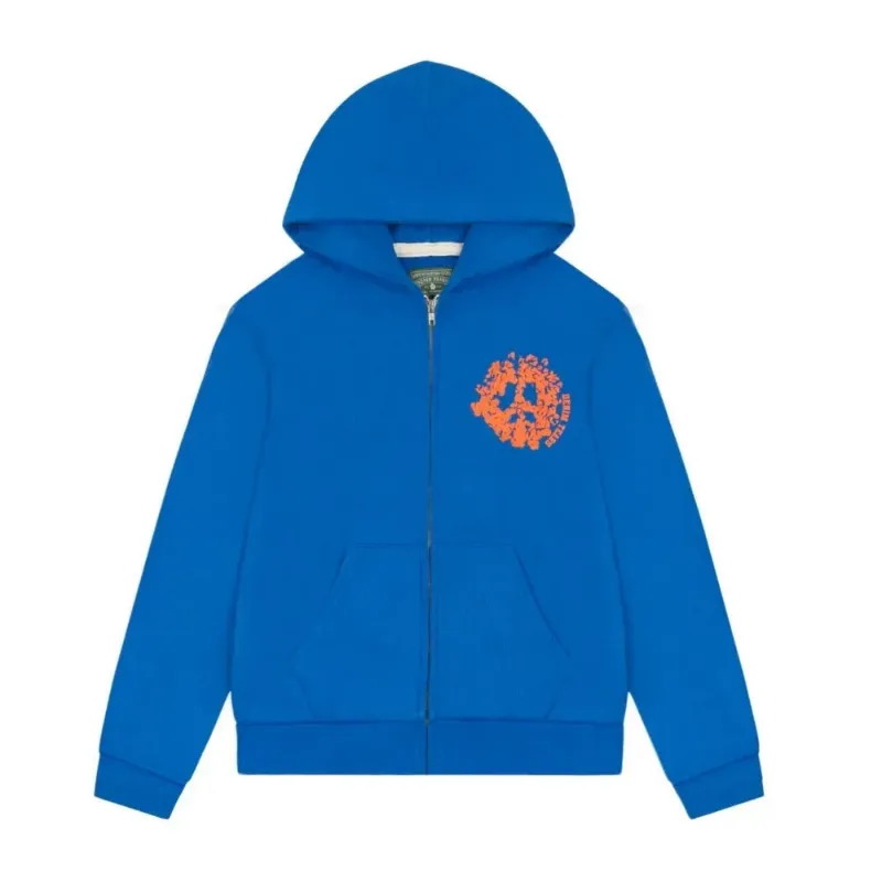 AfewVibe Denim Tears Denim University Zip Hoodie Royal Blue, royal blue cotton hoodie with orange chest and back graphics