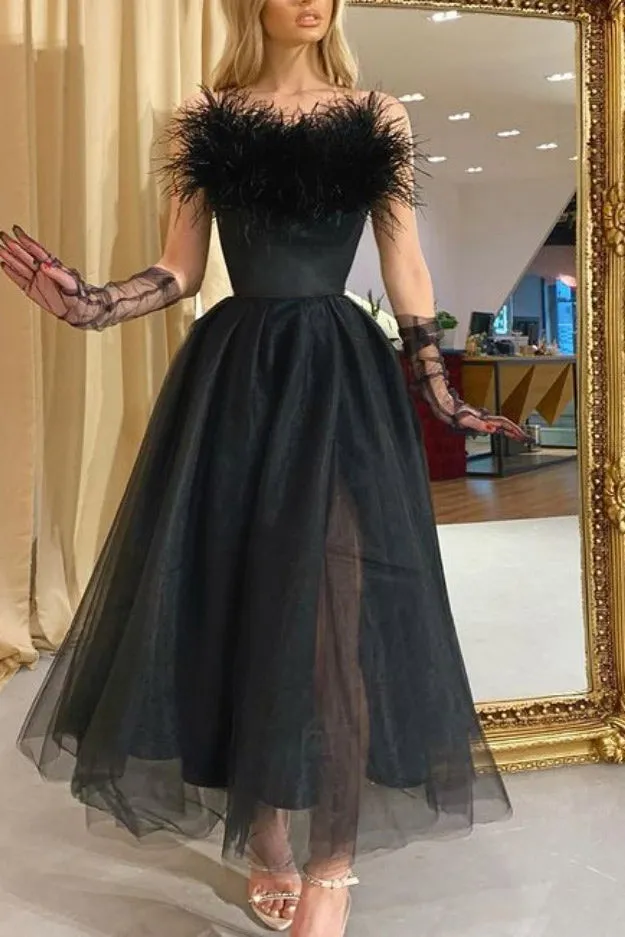Mislish Black Strapless A-Line Prom Party Dress With Feather, formal black gown with feathered skirt