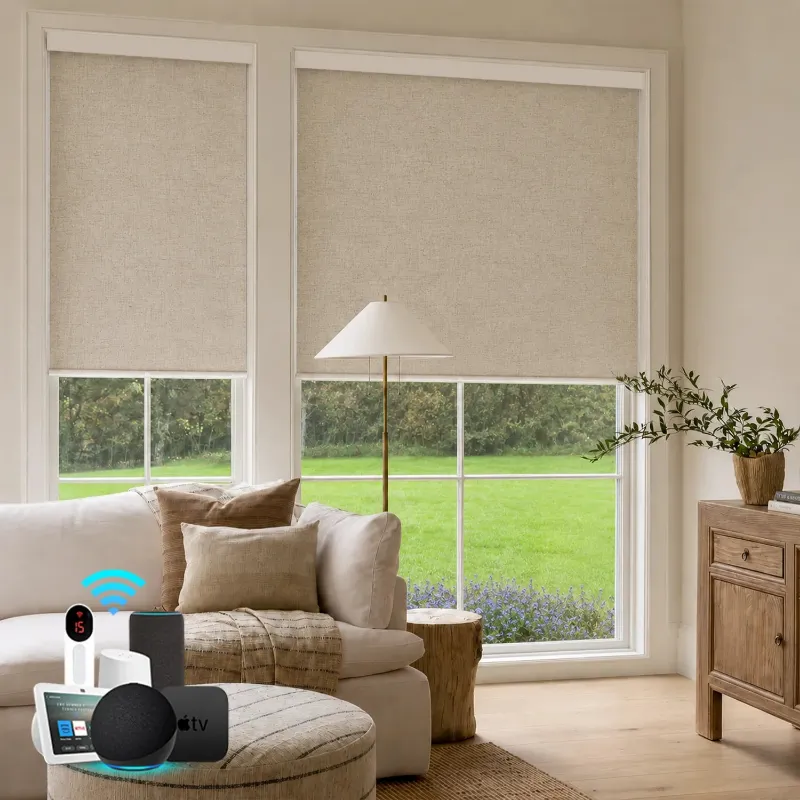Bringnox Motorized Roller Shades 100% Blackout Linen shown covering a window
