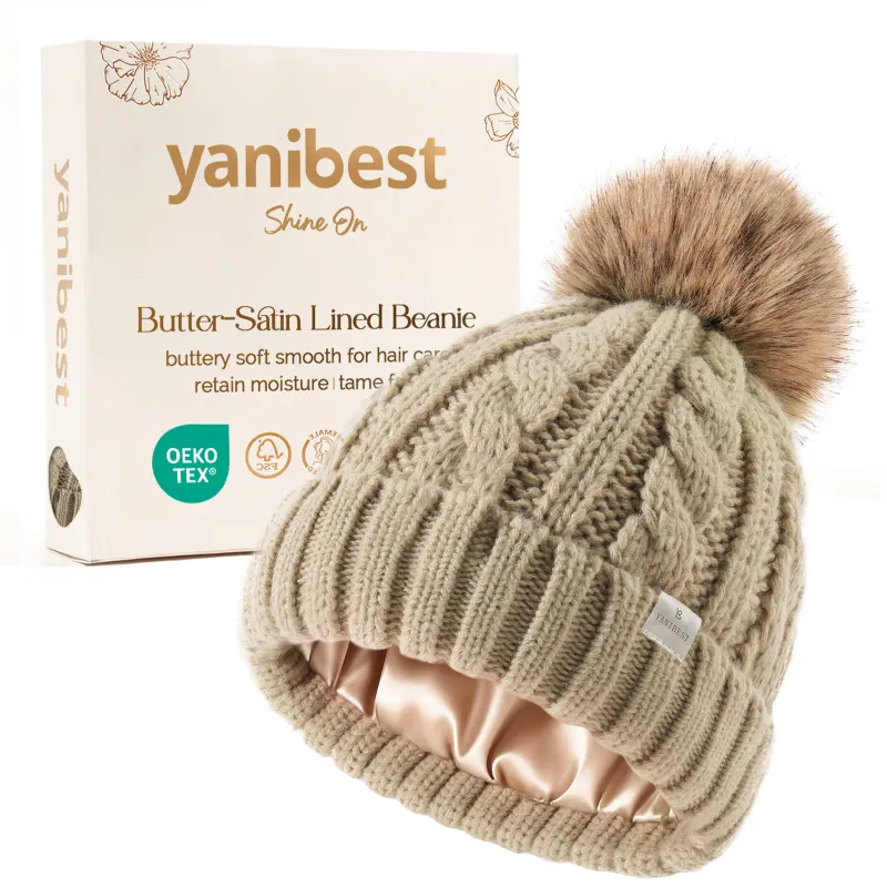Yanibest Butter Satin Lined Pom Winter Beanie in Oat Gray showing detachable faux fur pom