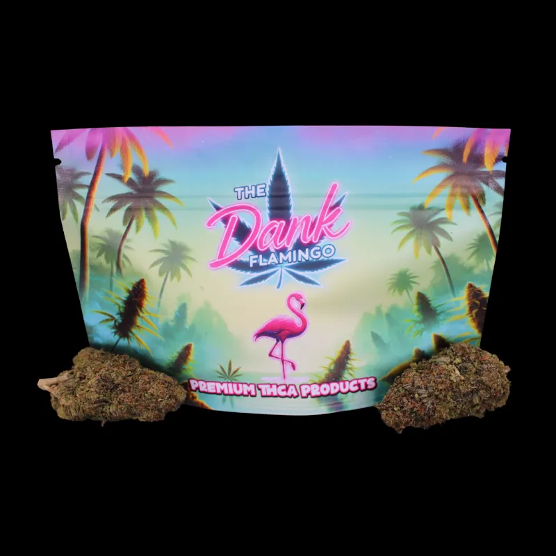 THCA Small Buds Dank Inferno THCA Flower in Dank Flamingo branded mylar bag